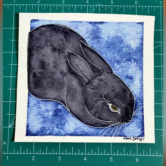 Original art: Black Bunny watercolor with real minerals that glitters art ooak - Picture 3 of 4